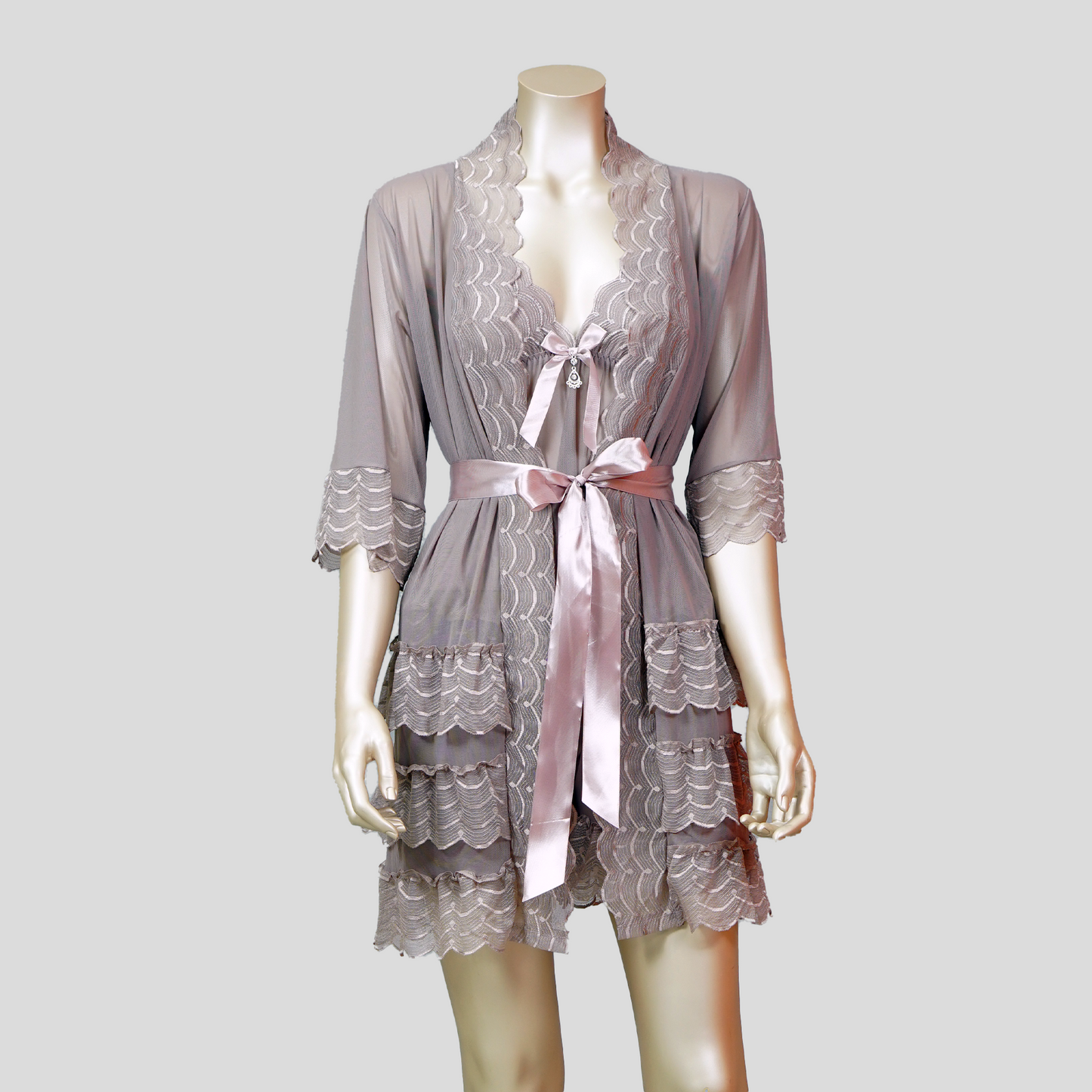 Lace-Embellished Mesh Top and Shorts Set with Ruffled Robe