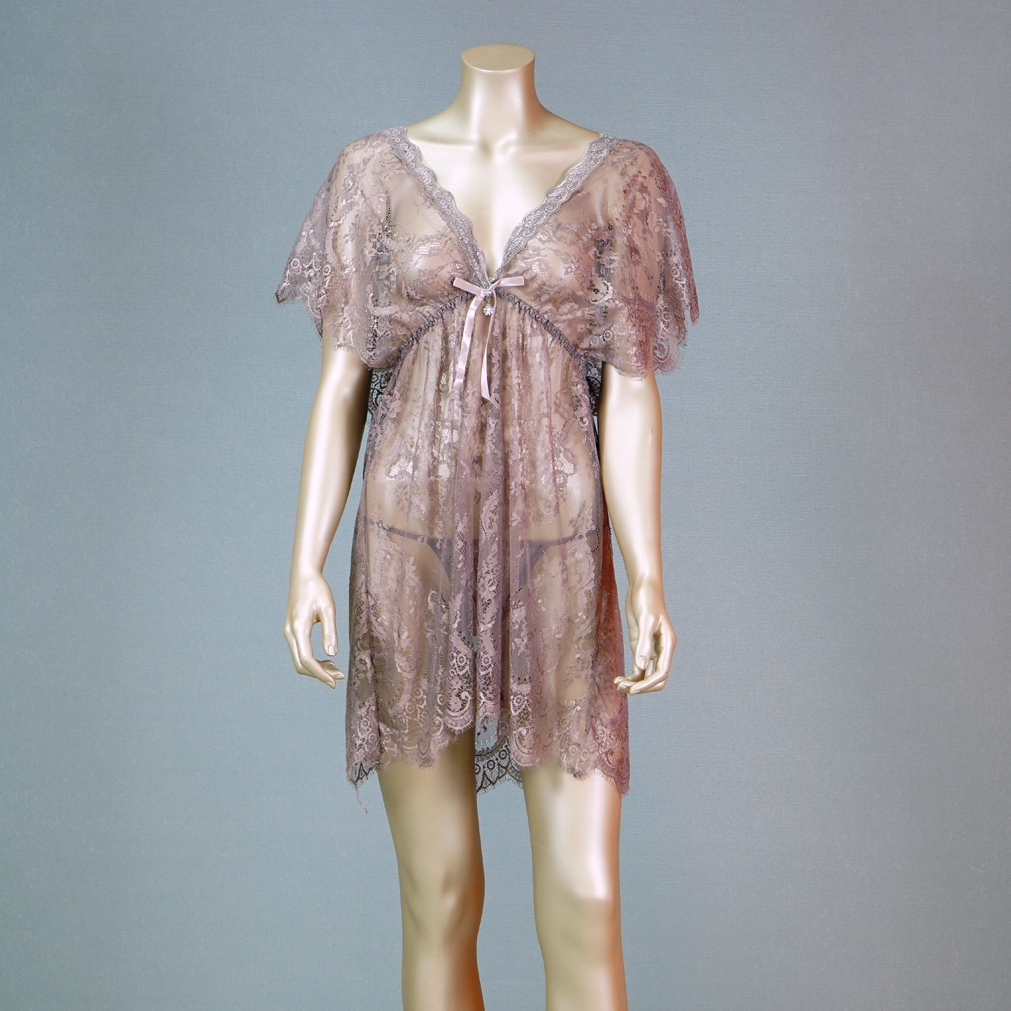 Babydoll Floral Lace Short Sleeve Bow with Thong