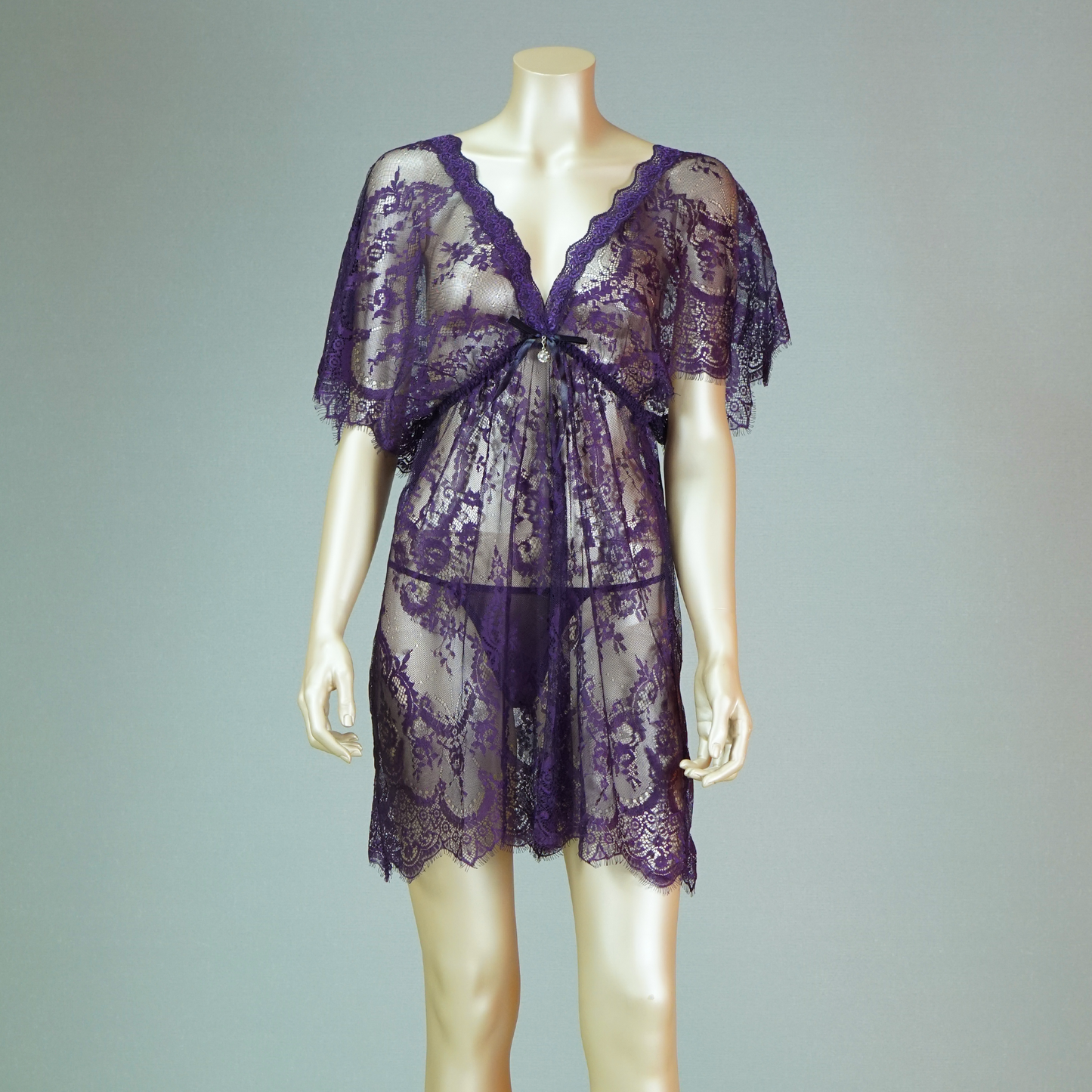 Babydoll Floral Lace Short Sleeve Bow with Thong
