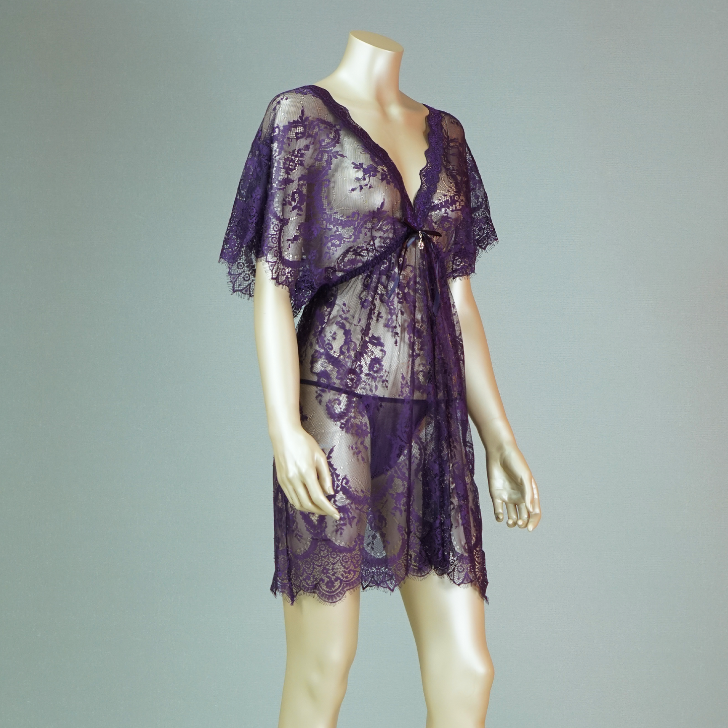 Babydoll Floral Lace Short Sleeve Bow with Thong