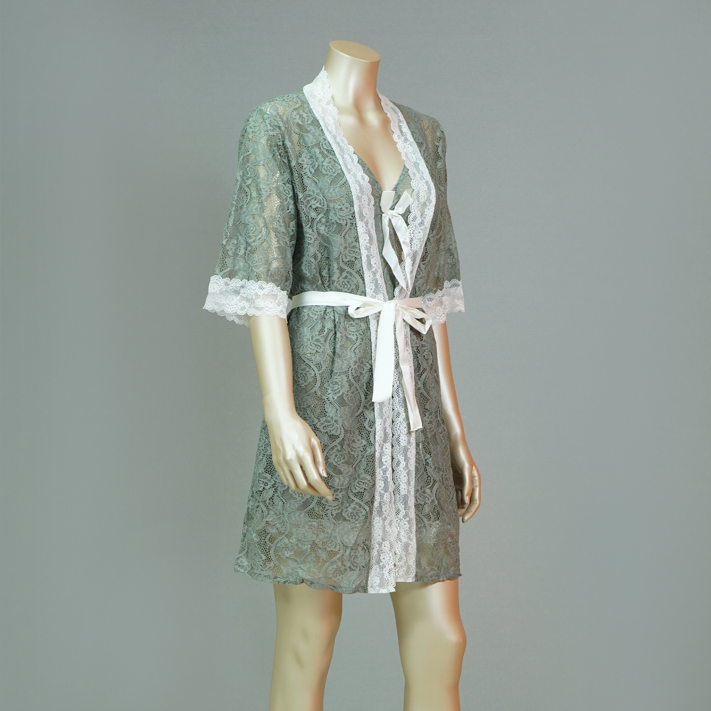 Floral Lace Front Bow Sexy Nightdress with Short Sleeve Robe