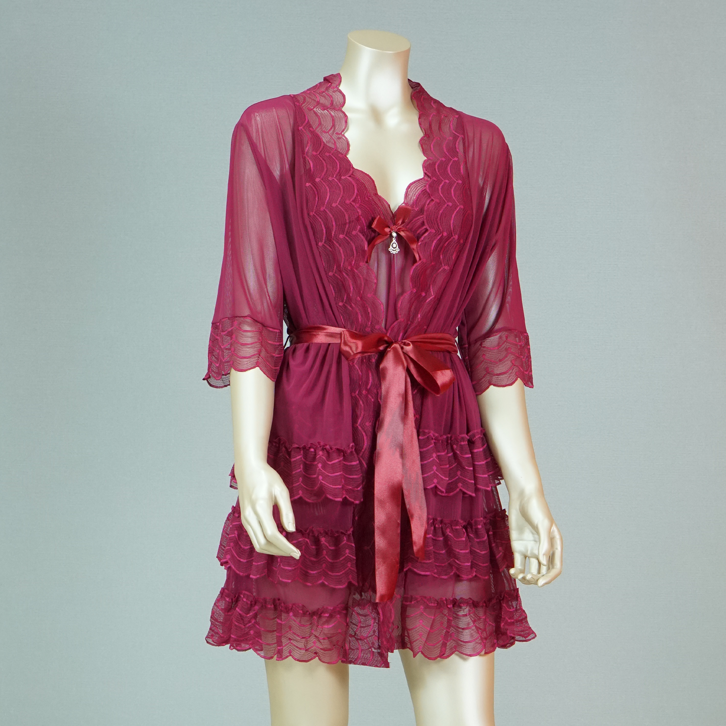 Lace-Embellished Mesh Top and Shorts Set with Ruffled Robe