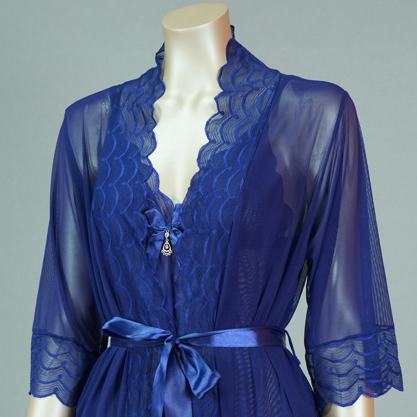 Lace-Embellished Mesh Top and Shorts Set with Ruffled Robe