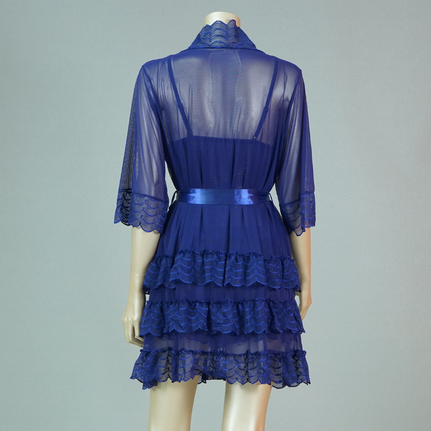 Lace-Embellished Mesh Top and Shorts Set with Ruffled Robe