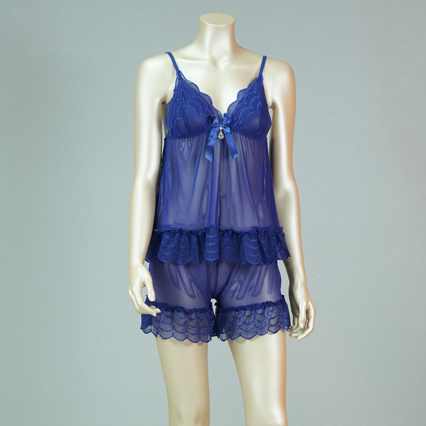 Lace-Embellished Mesh Top and Shorts Set with Ruffled Robe