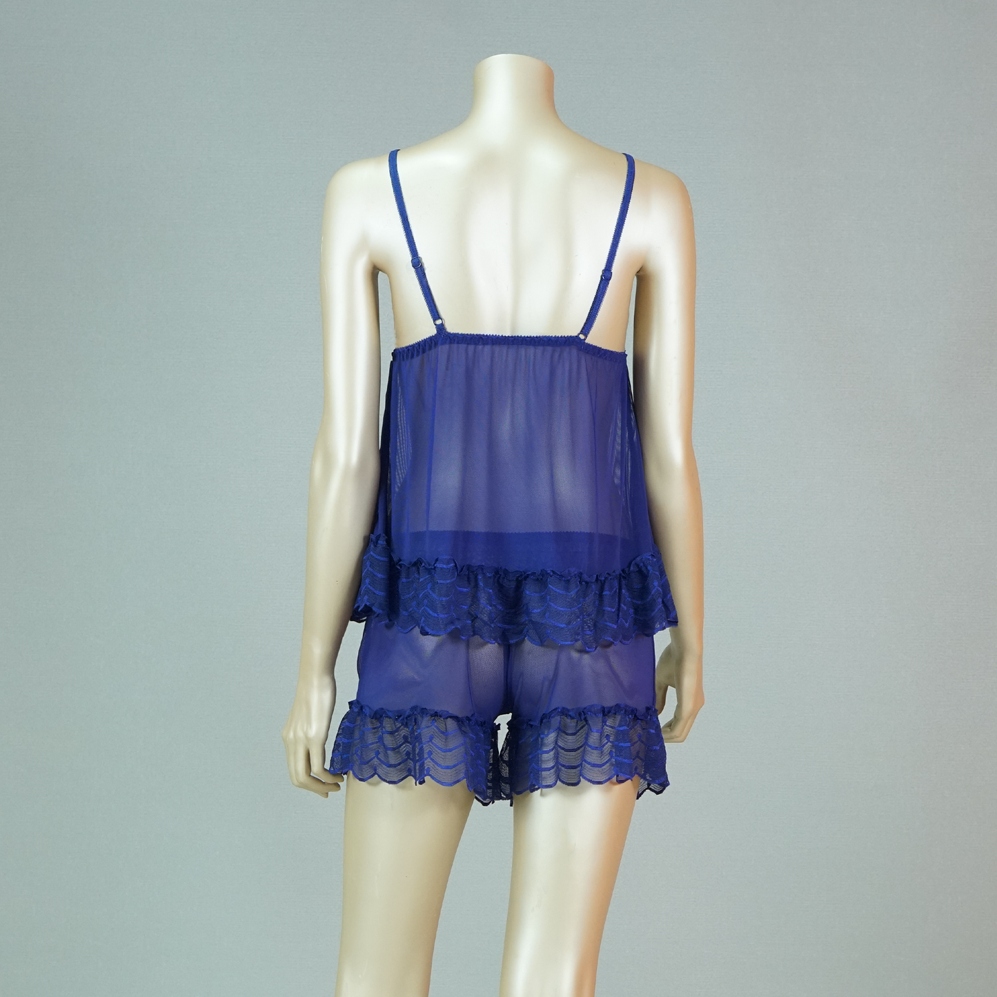 Lace-Embellished Mesh Top and Shorts Set with Ruffled Robe