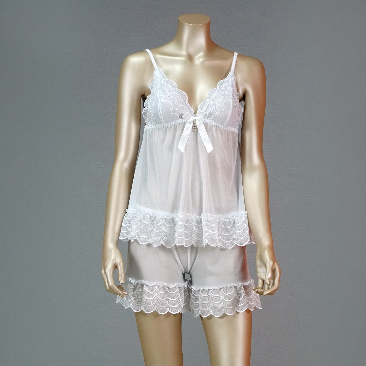 Lace-Embellished Mesh Top and Shorts Set with Ruffled Robe