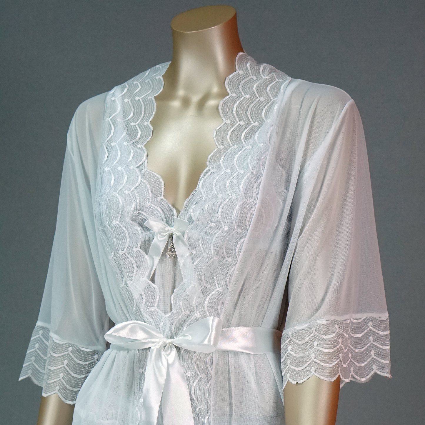 Lace-Embellished Mesh Top and Shorts Set with Ruffled Robe