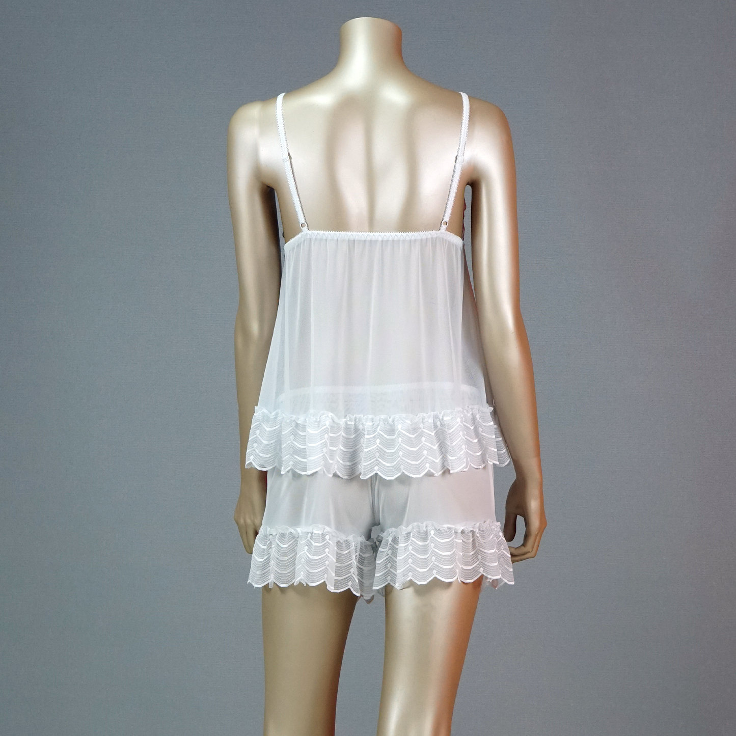 Lace-Embellished Mesh Top and Shorts Set with Ruffled Robe