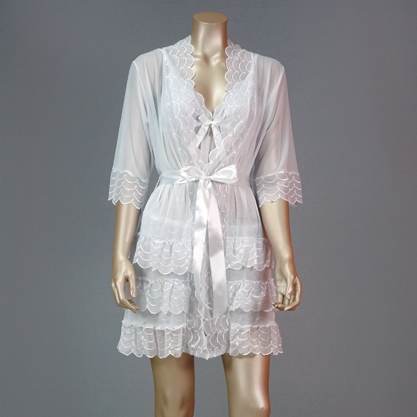 Lace-Embellished Mesh Top and Shorts Set with Ruffled Robe