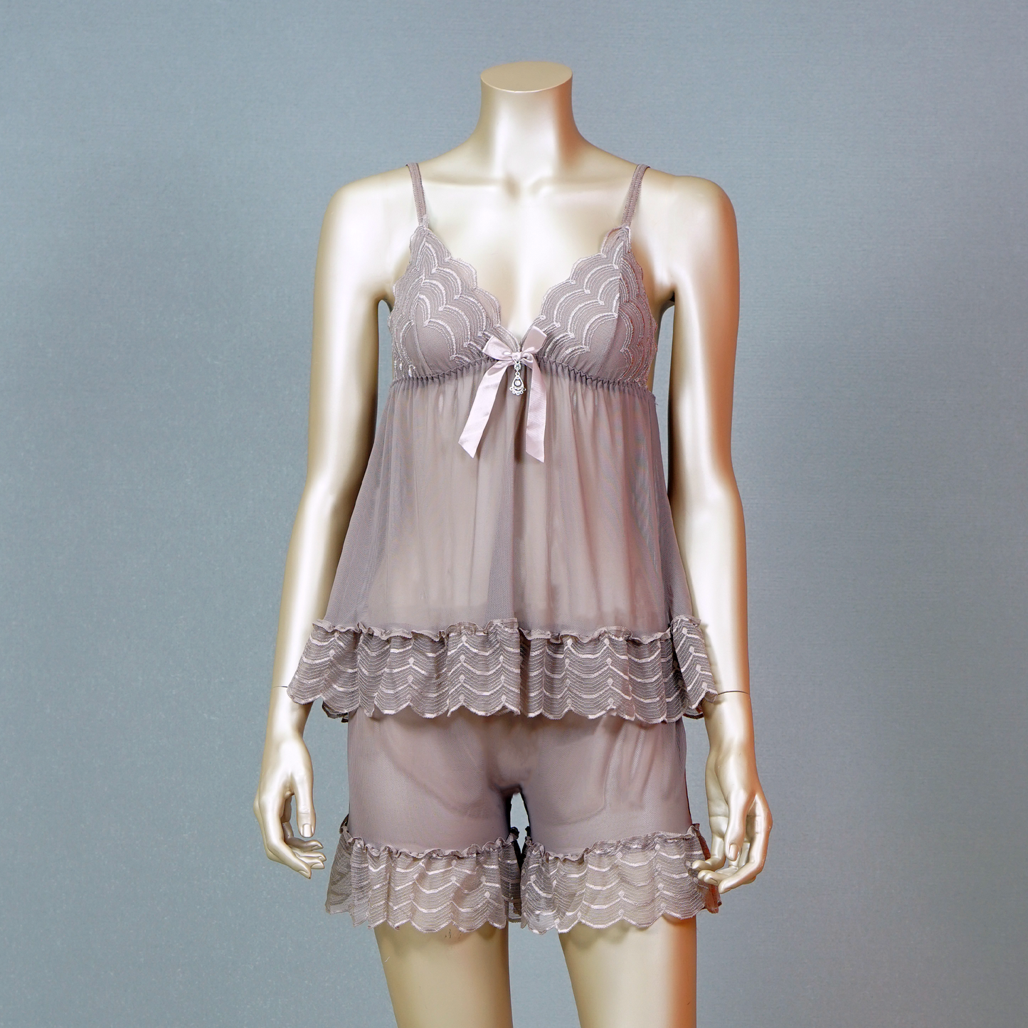 Lace-Embellished Mesh Top and Shorts Set with Ruffled Robe