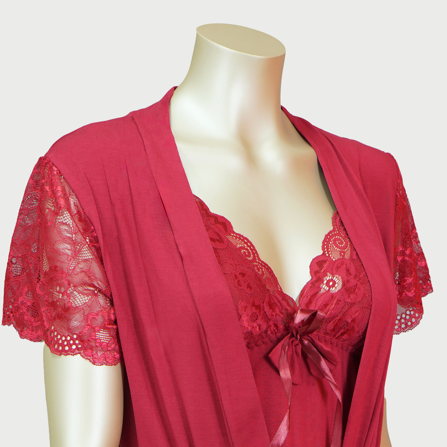 Lace Front Bow Sexy Nightdress with Short Sleeve Belted Robe