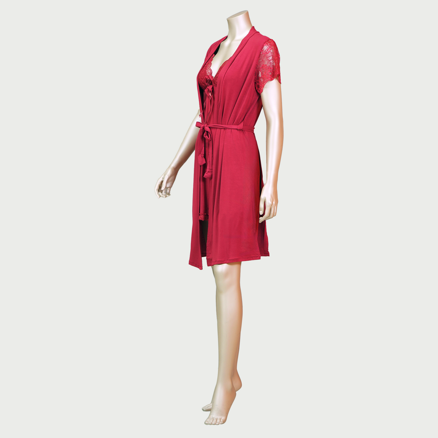 Lace Front Bow Sexy Nightdress with Short Sleeve Belted Robe
