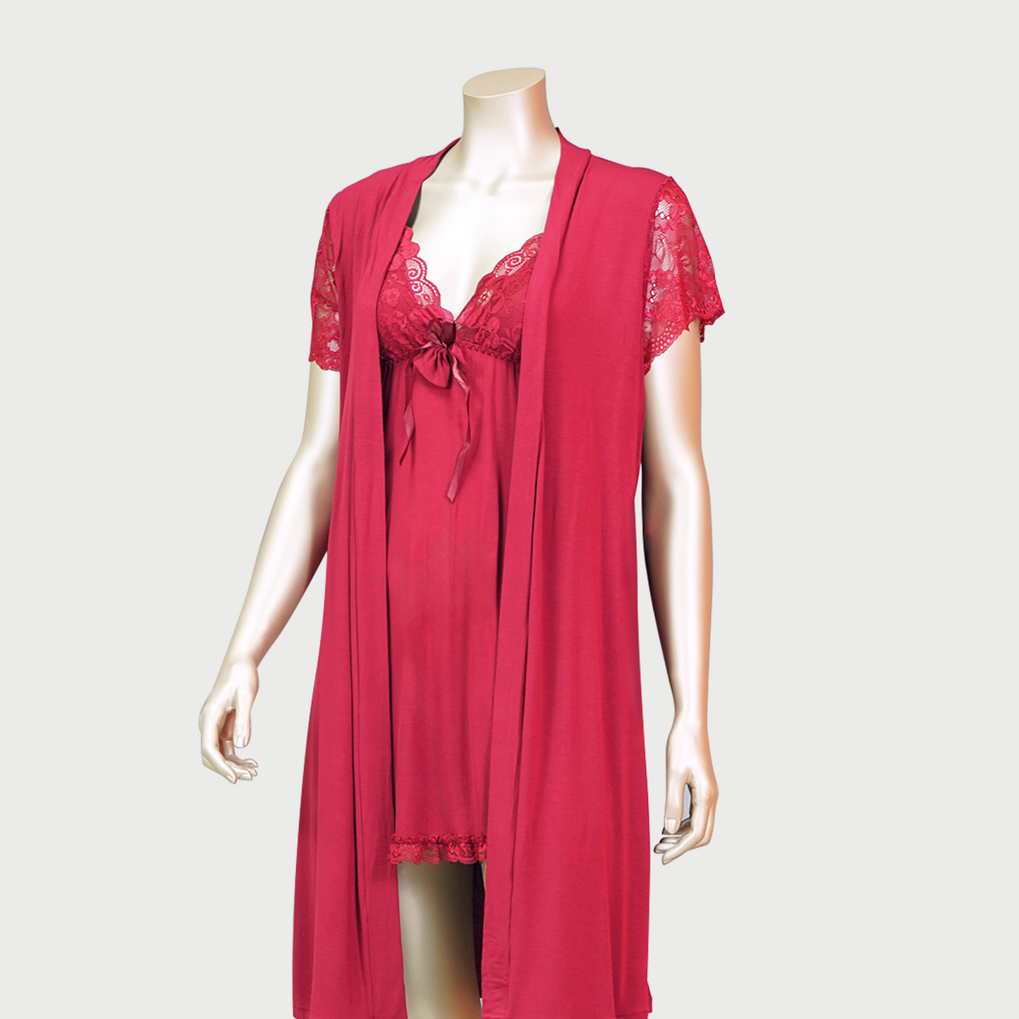 Lace Front Bow Sexy Nightdress with Short Sleeve Belted Robe