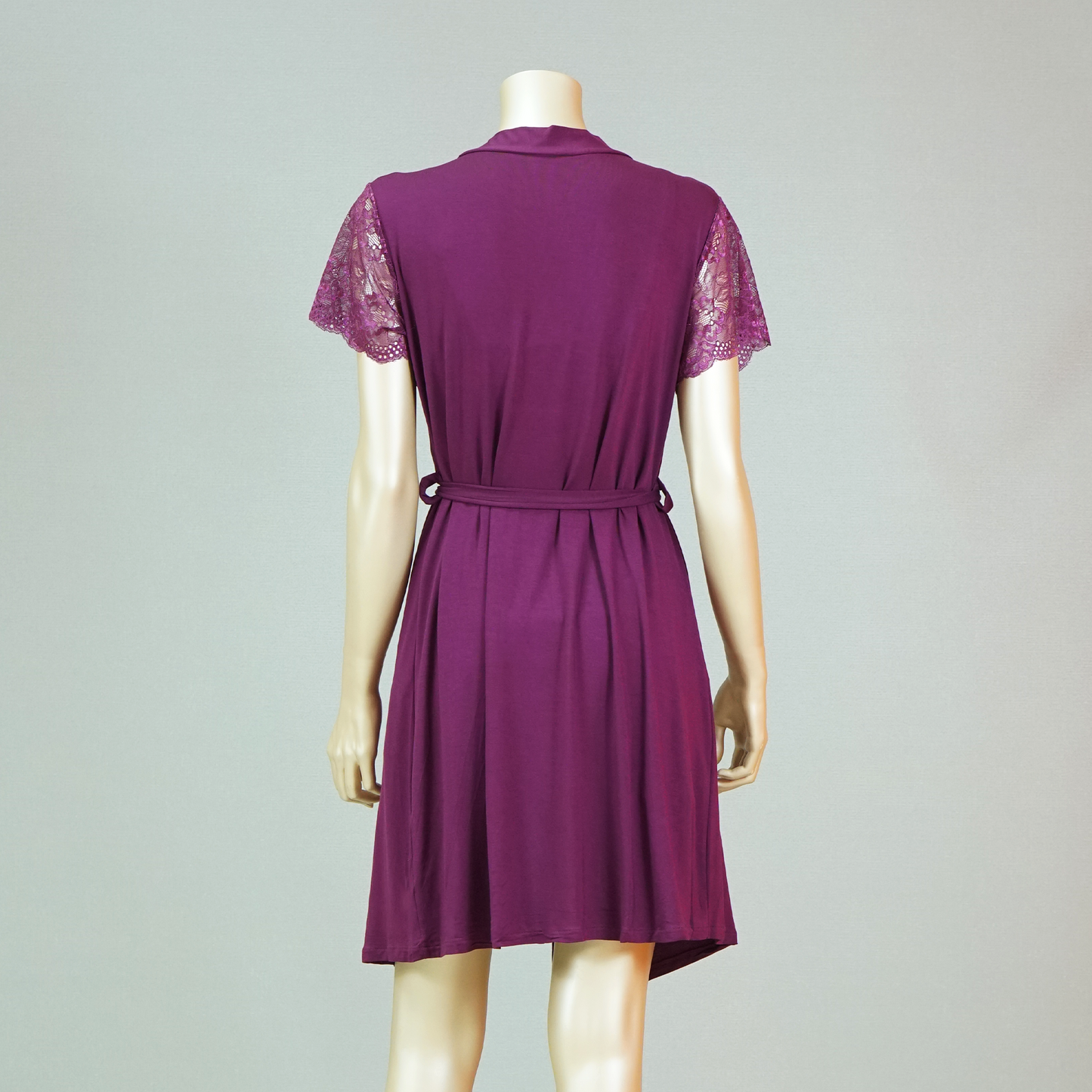Lace Front Bow Sexy Nightdress with Short Sleeve Belted Robe