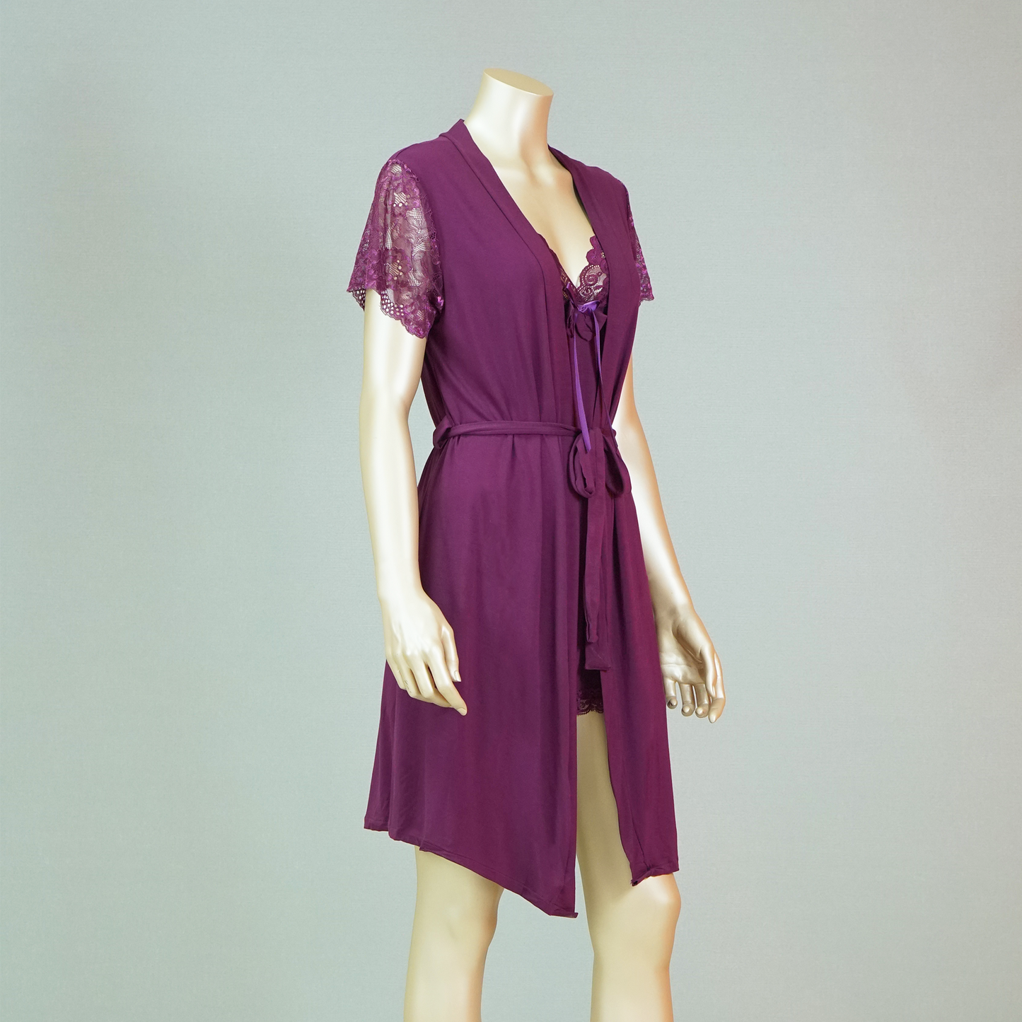 Lace Front Bow Sexy Nightdress with Short Sleeve Belted Robe