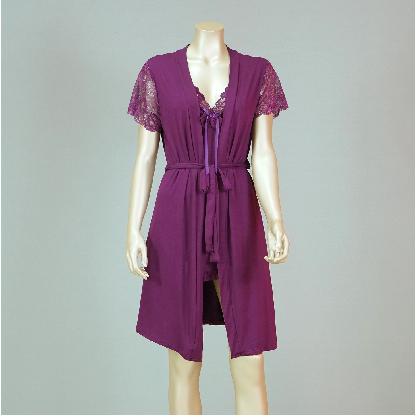 Lace Front Bow Sexy Nightdress with Short Sleeve Belted Robe