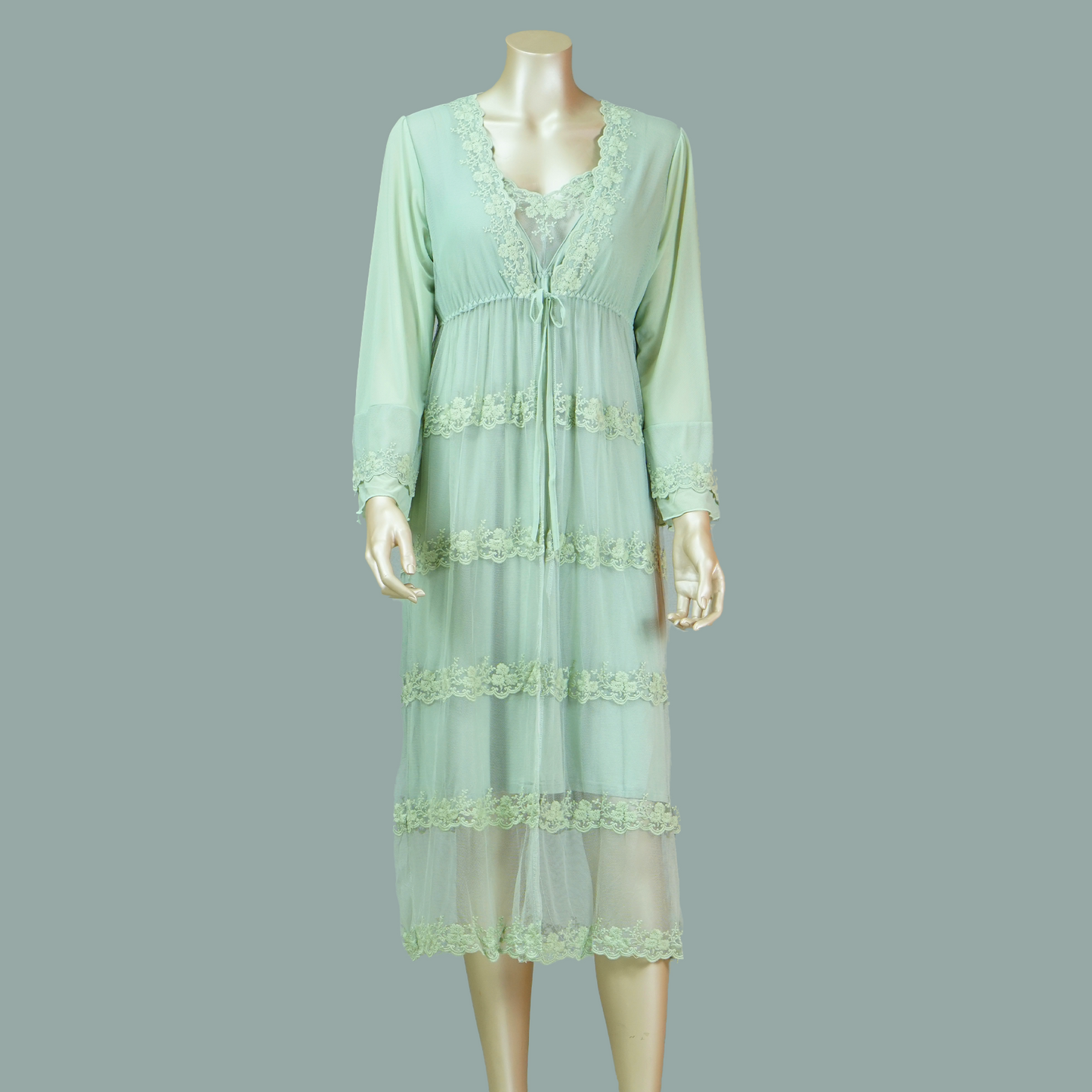 Front Lace Cami Nightdress with Mesh Belted Robe