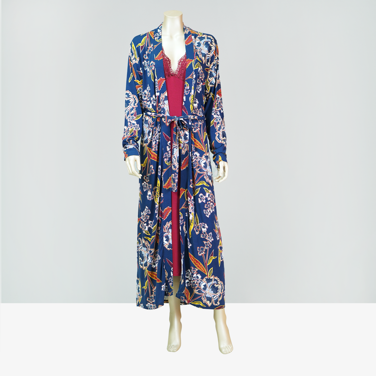 Criss-Cross Back Lace Front Nightdress with Floral Pattern Robe