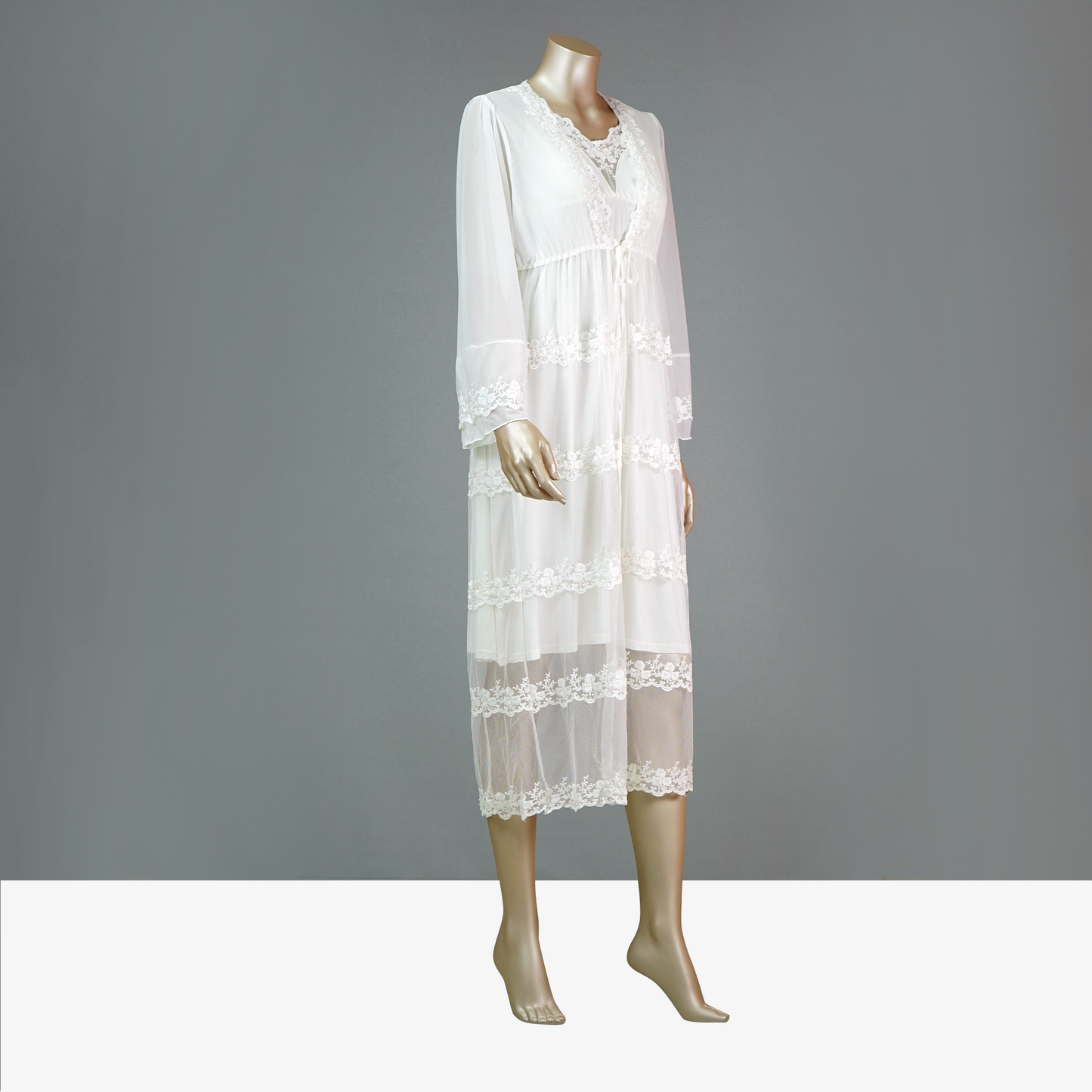 Front Lace Cami Nightdress with Mesh Belted Robe