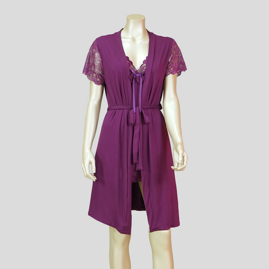 Lace Front Bow Sexy Nightdress with Short Sleeve Belted Robe
