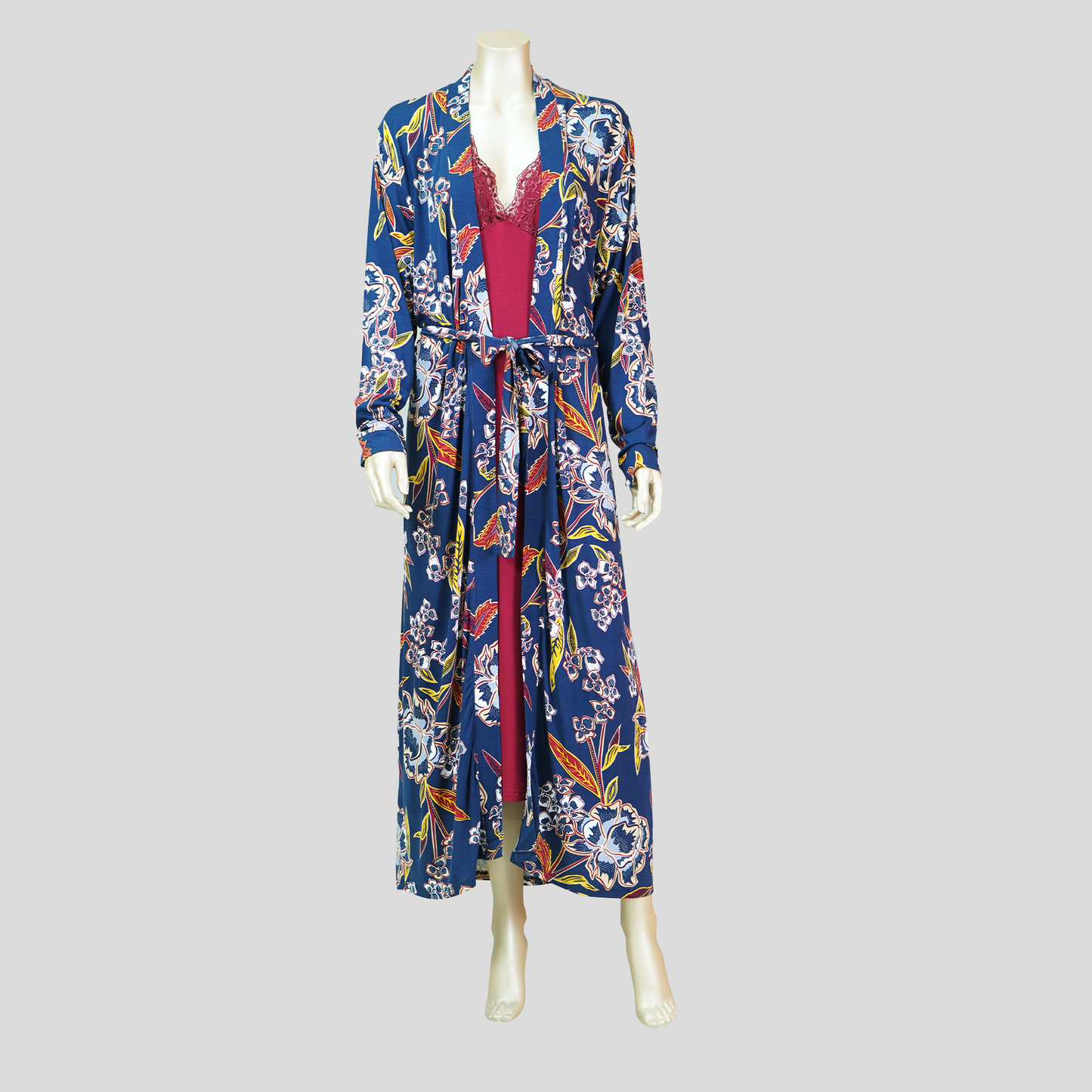 Criss-Cross Back Lace Front Nightdress with Floral Pattern Robe