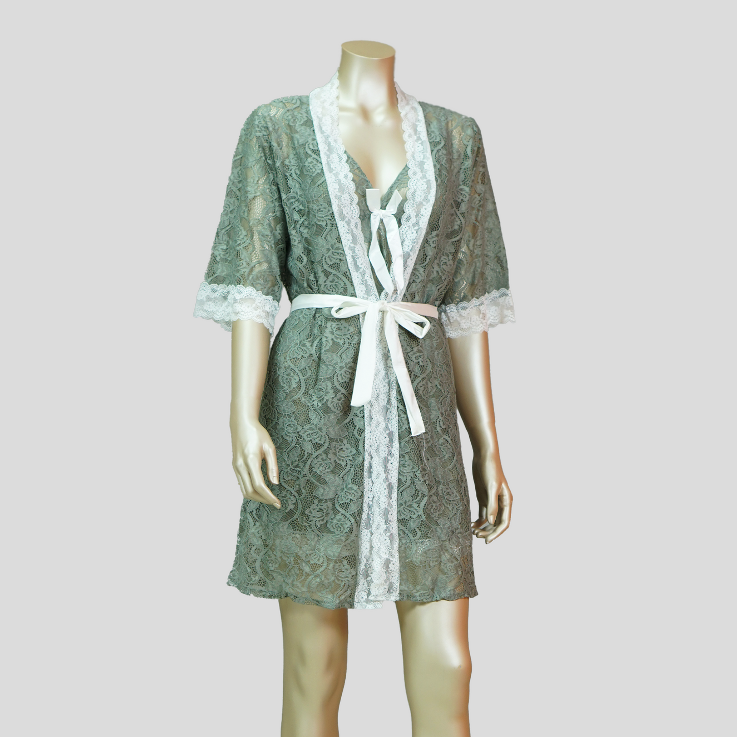 Floral Lace Front Bow Sexy Nightdress with Short Sleeve Robe