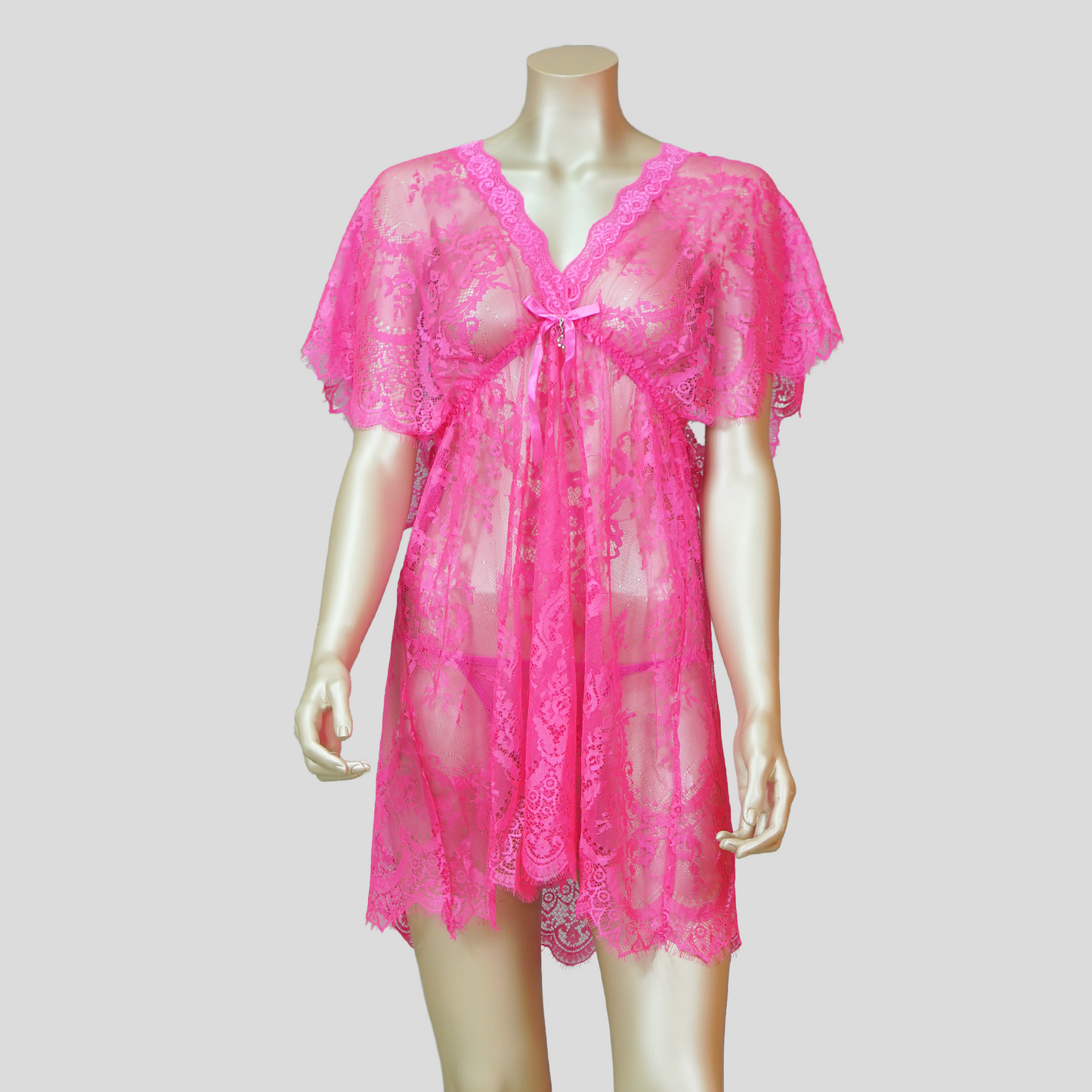 Babydoll Floral Lace Short Sleeve Bow with Thong