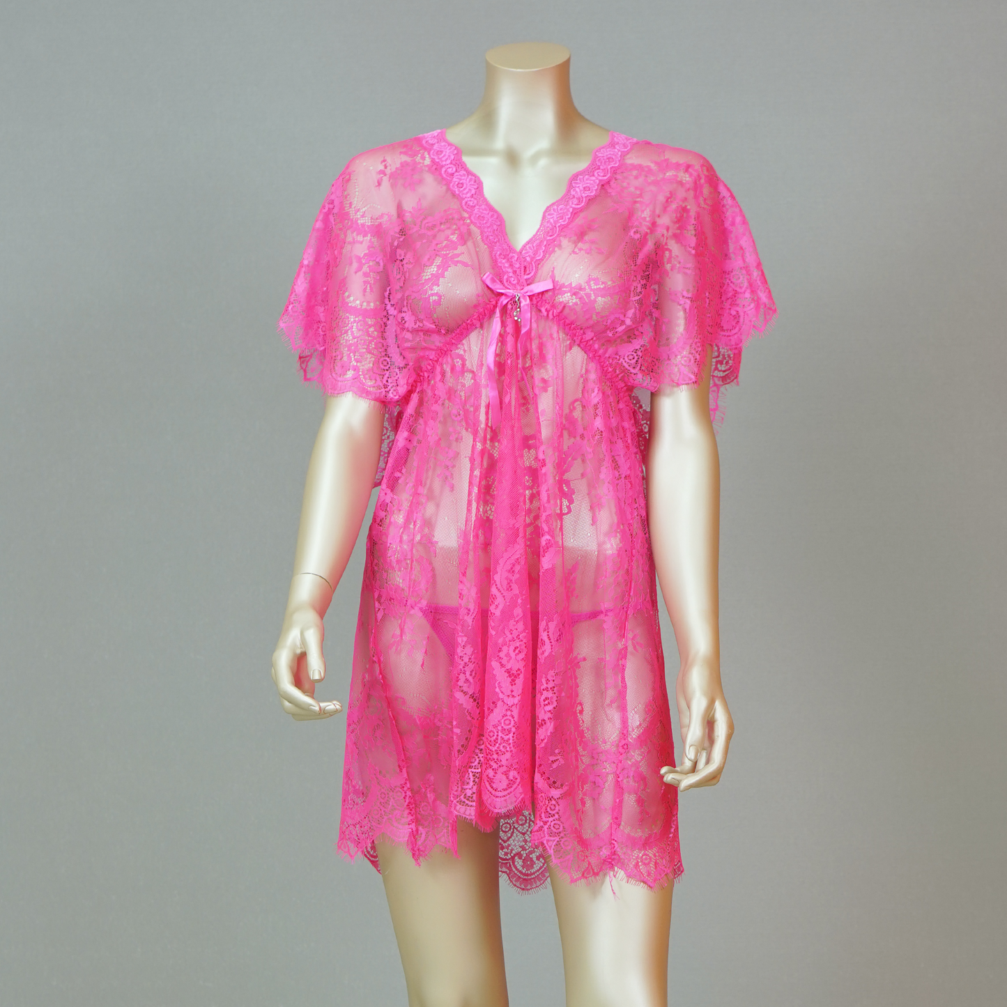 Babydoll Floral Lace Short Sleeve Bow with Thong