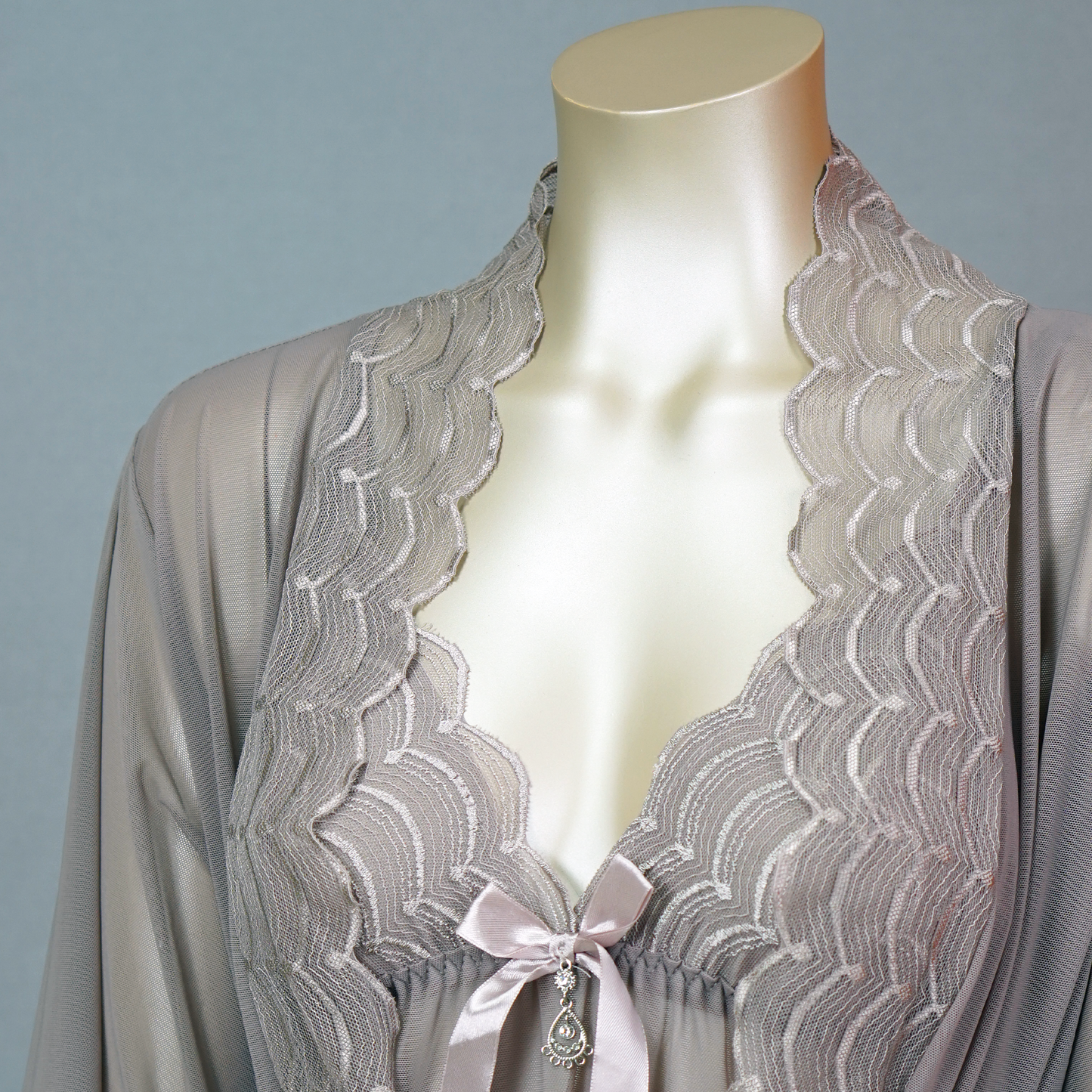 Lace-Embellished Mesh Top and Shorts Set with Ruffled Robe