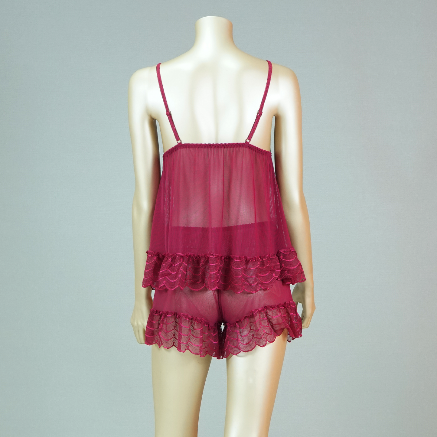 Lace-Embellished Mesh Top and Shorts Set with Ruffled Robe