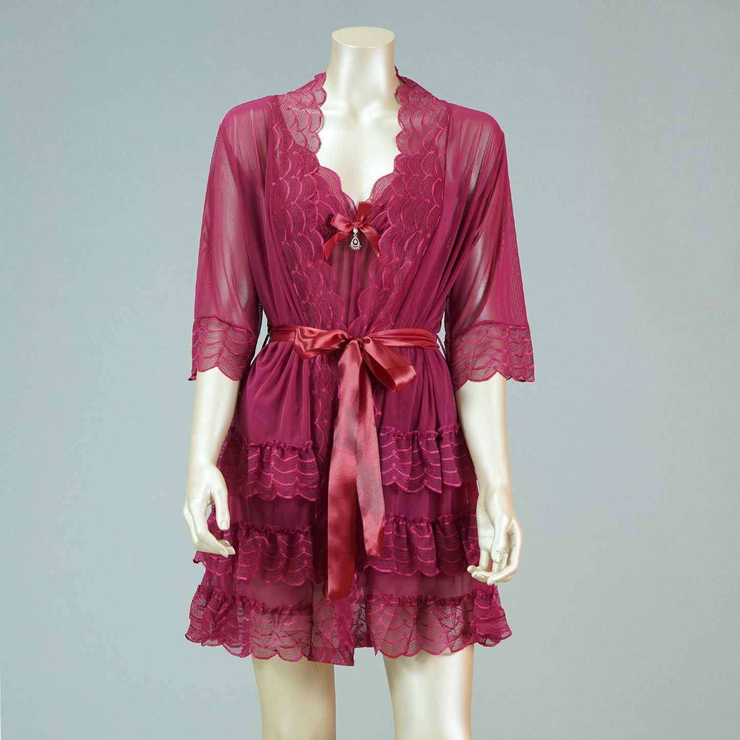Lace-Embellished Mesh Top and Shorts Set with Ruffled Robe