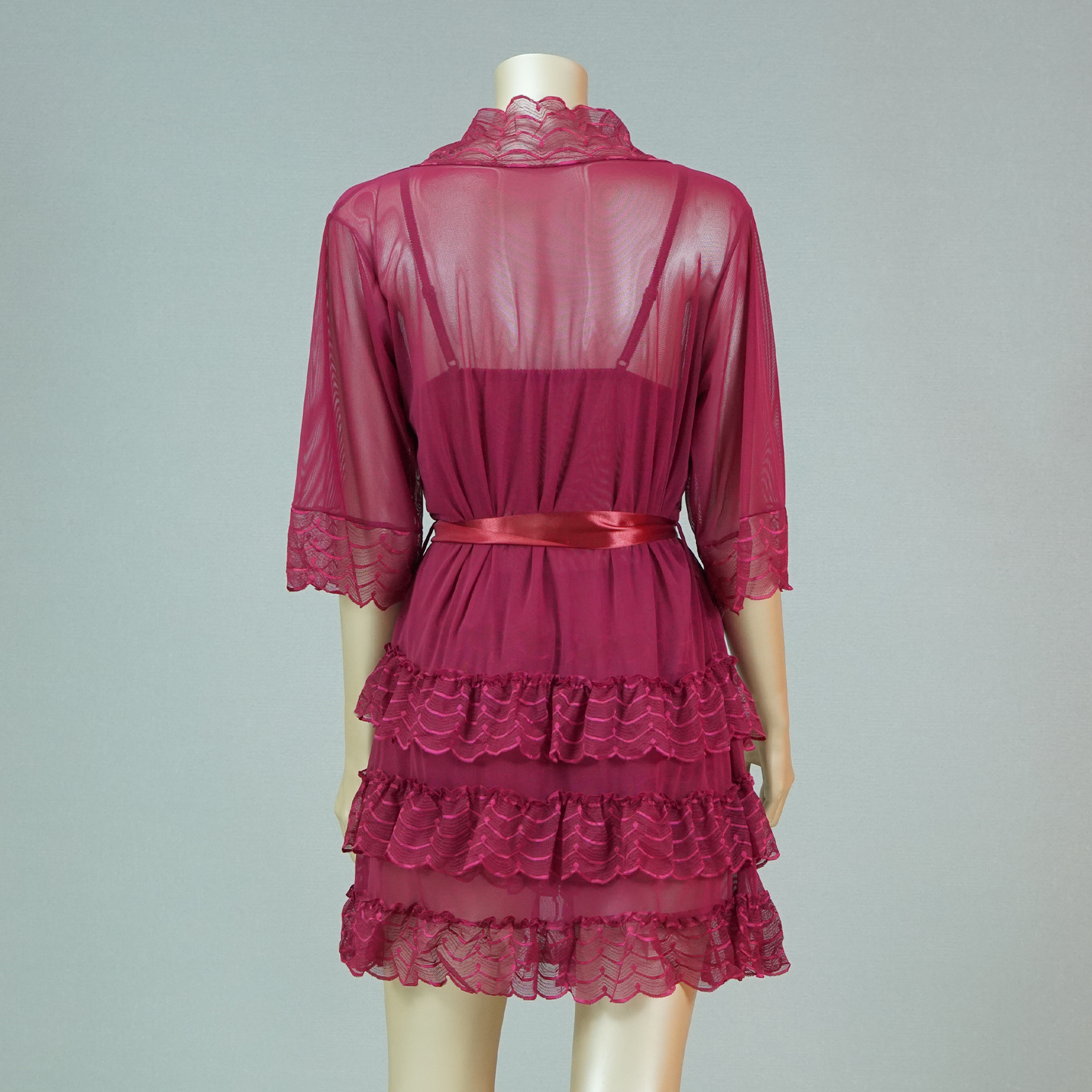 Lace-Embellished Mesh Top and Shorts Set with Ruffled Robe
