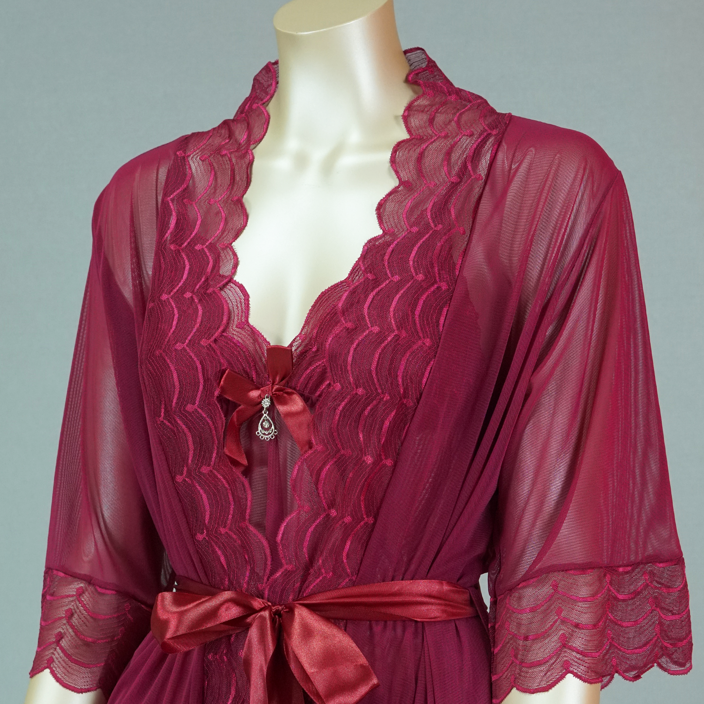 Lace-Embellished Mesh Top and Shorts Set with Ruffled Robe