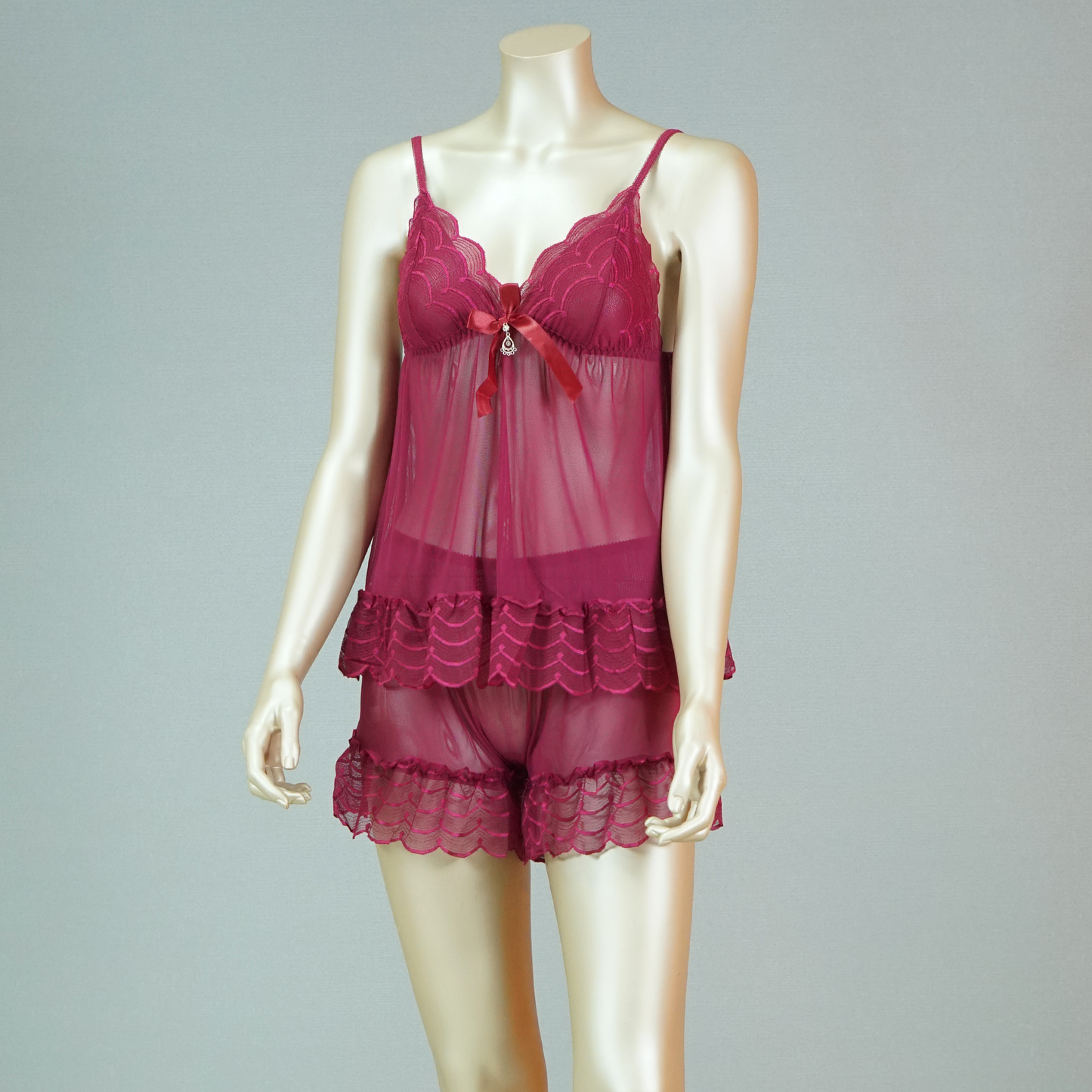 Lace-Embellished Mesh Top and Shorts Set with Ruffled Robe