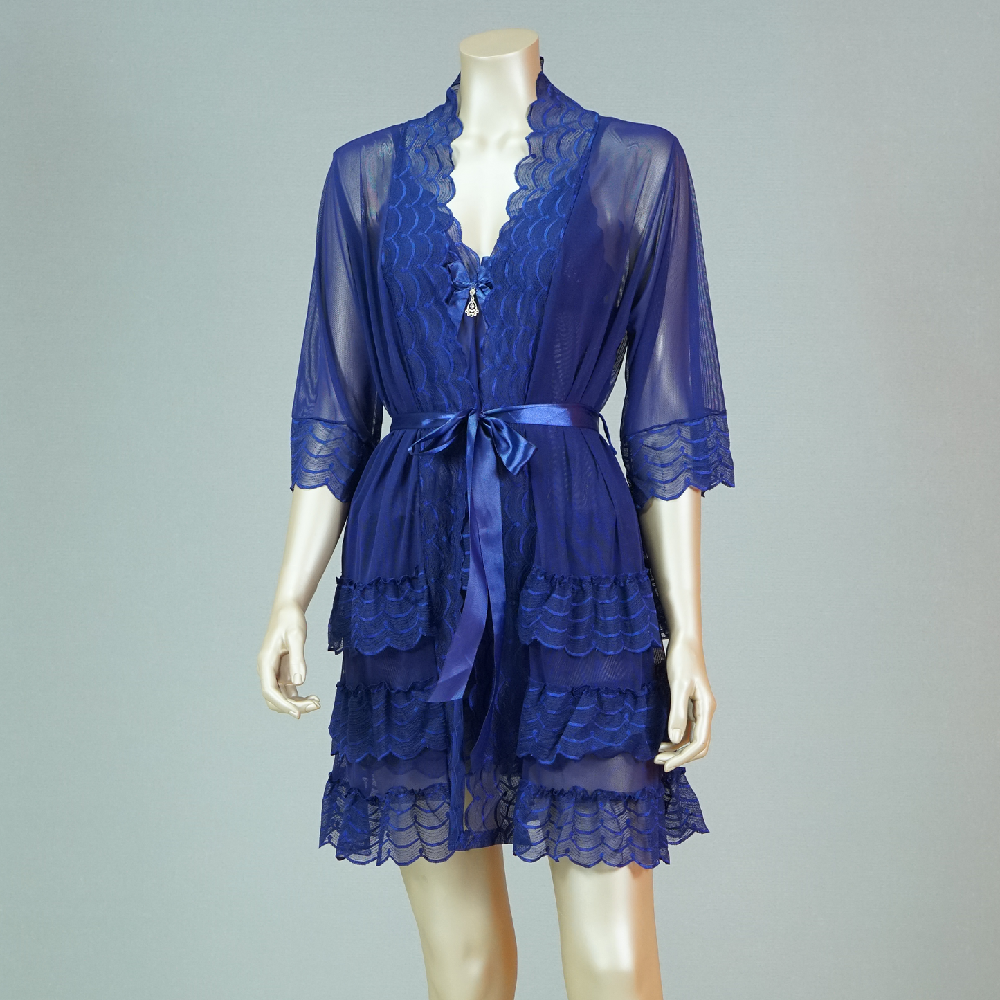 Lace-Embellished Mesh Top and Shorts Set with Ruffled Robe