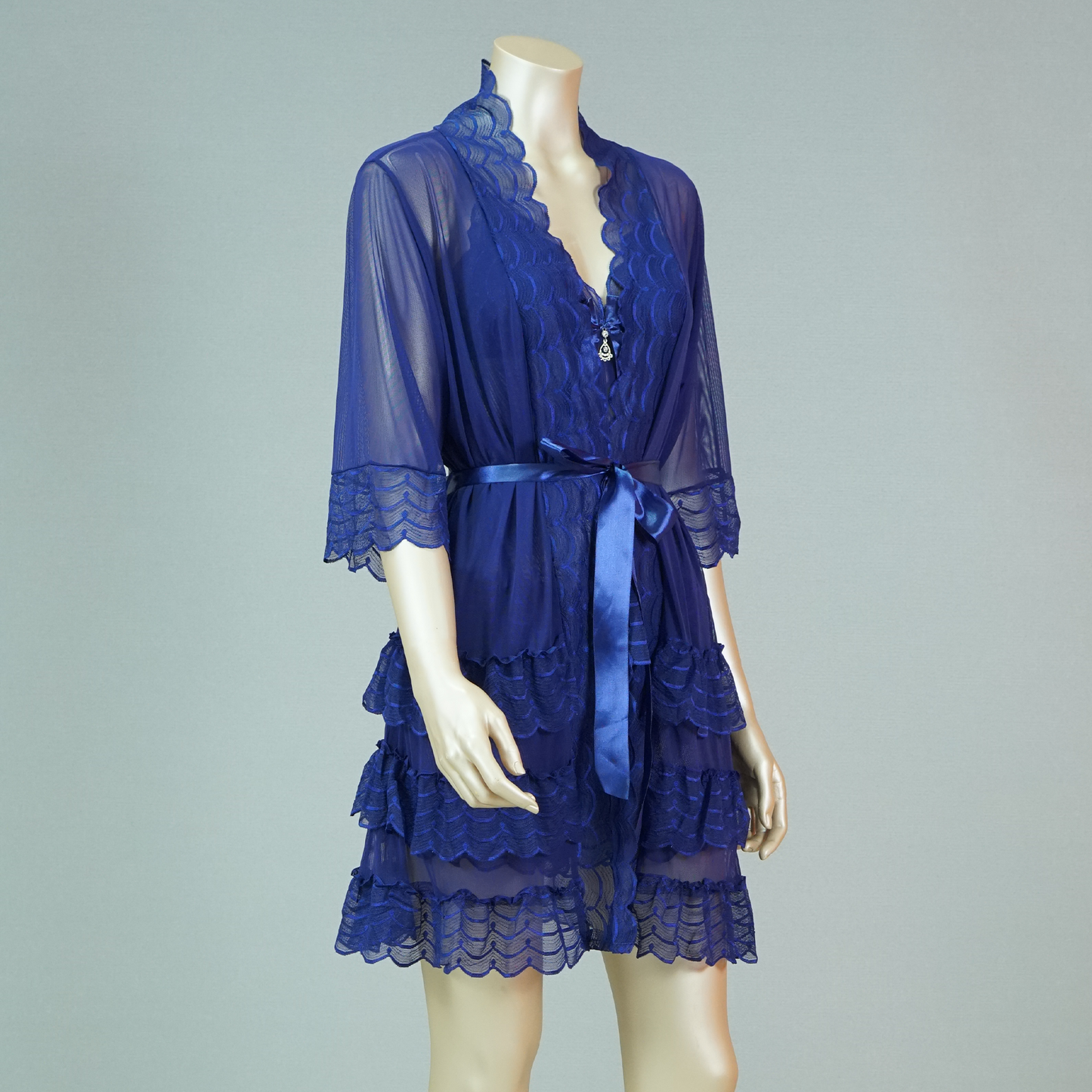 Lace-Embellished Mesh Top and Shorts Set with Ruffled Robe