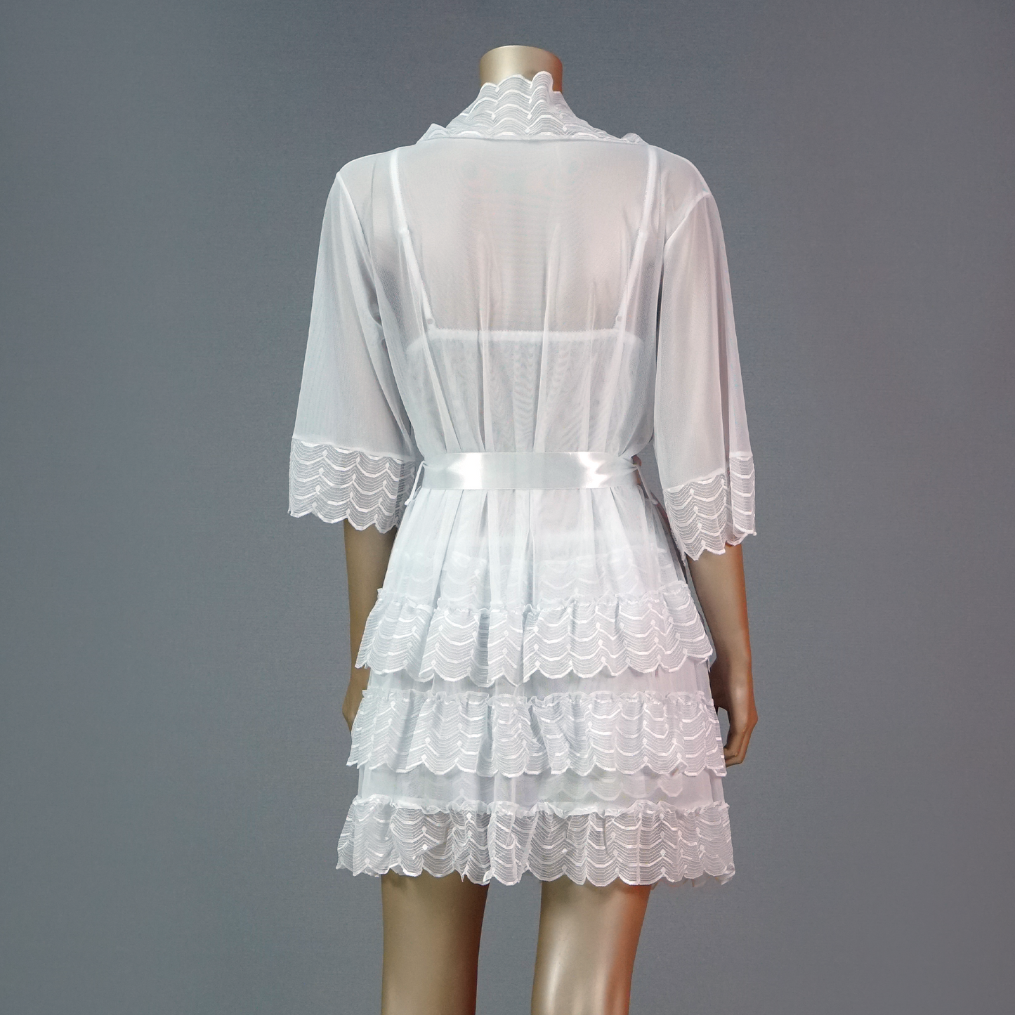 Lace-Embellished Mesh Top and Shorts Set with Ruffled Robe