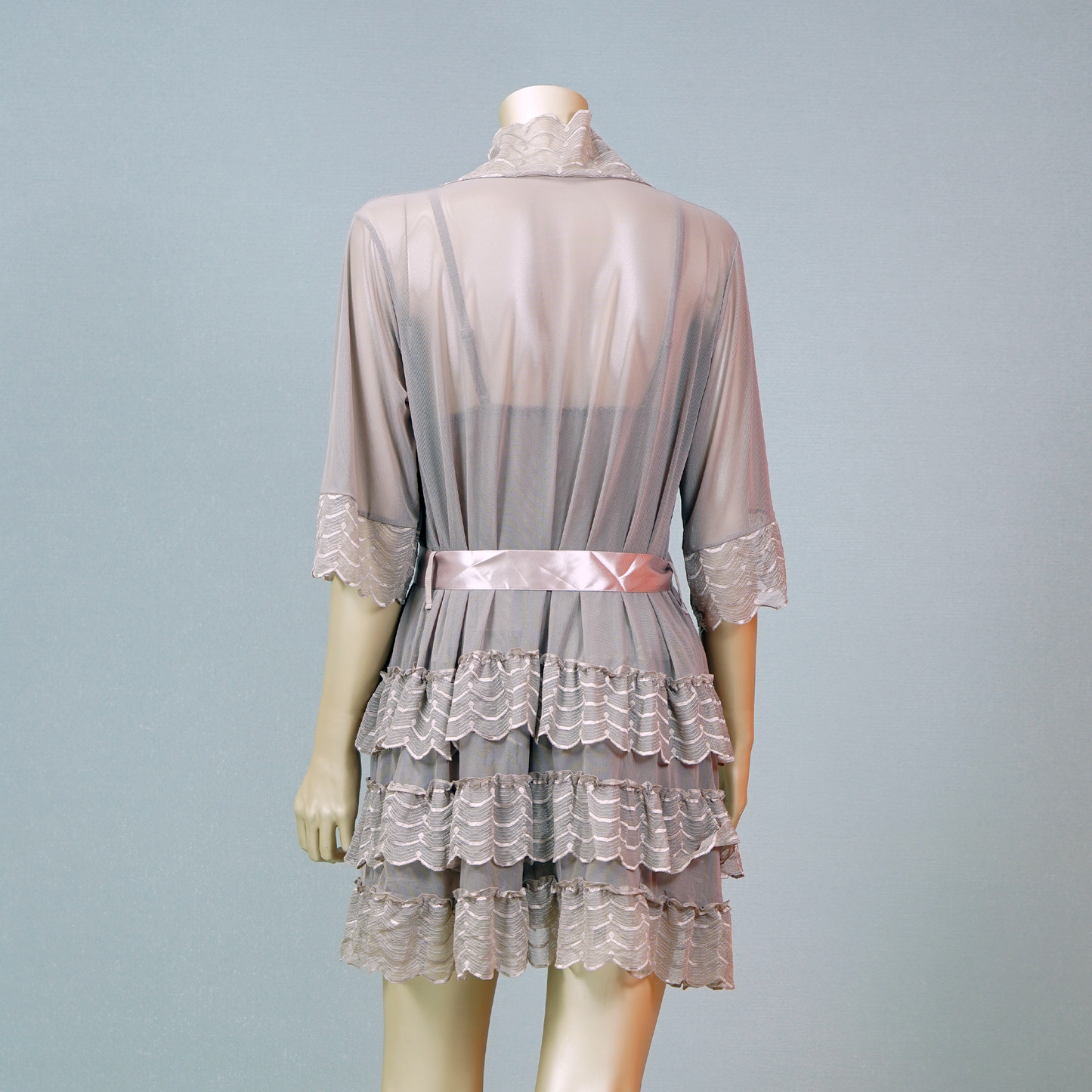 Lace-Embellished Mesh Top and Shorts Set with Ruffled Robe