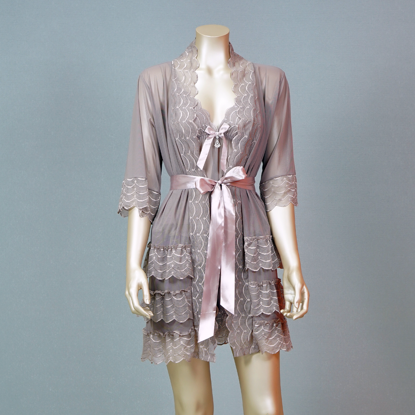 Lace-Embellished Mesh Top and Shorts Set with Ruffled Robe