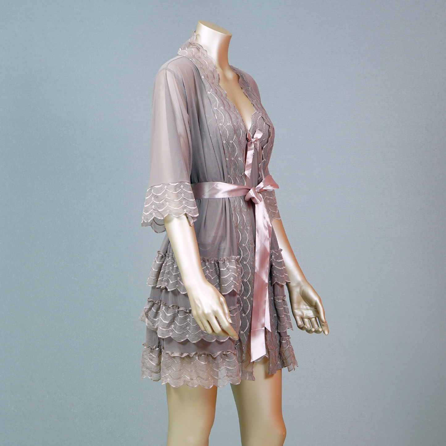 Lace-Embellished Mesh Top and Shorts Set with Ruffled Robe