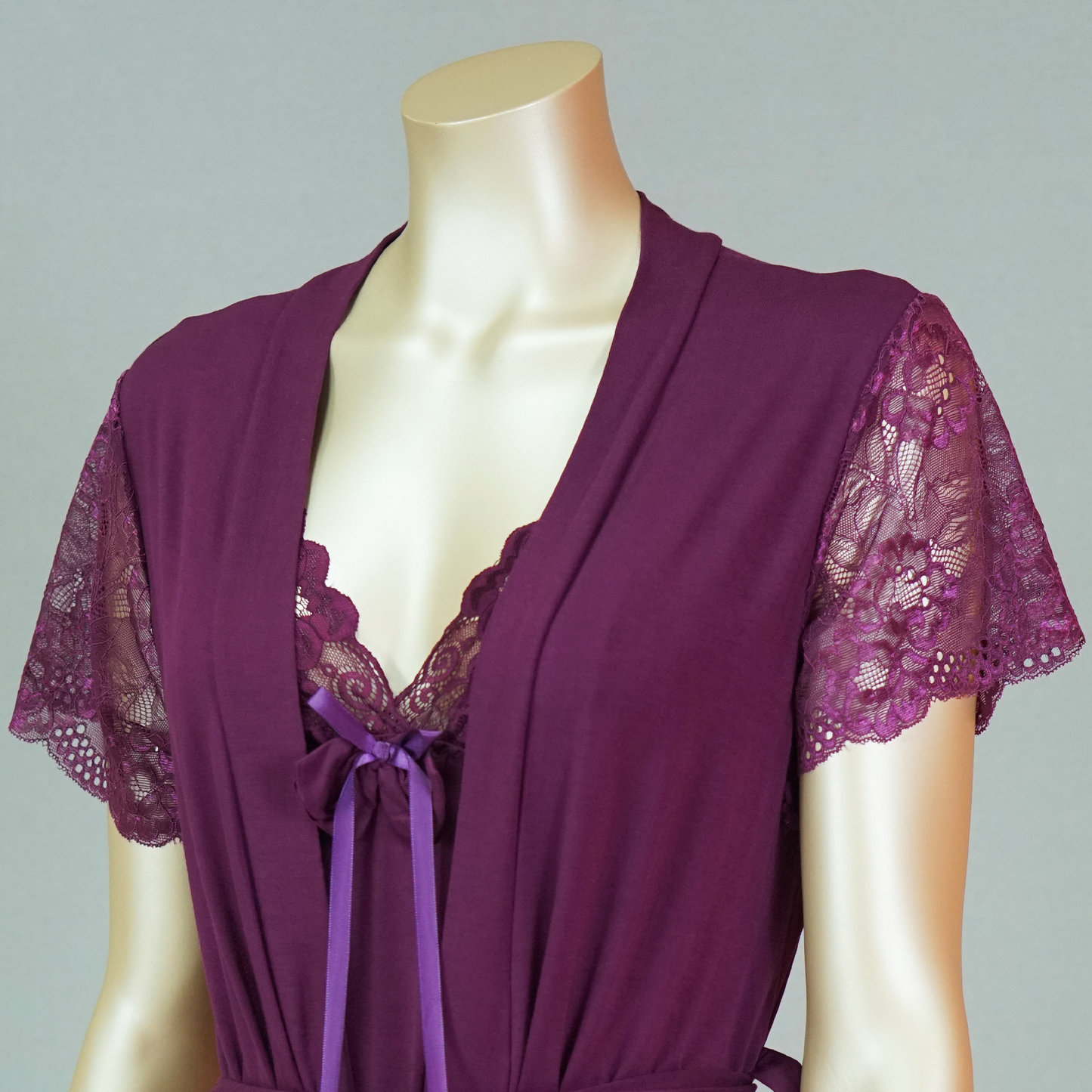 Lace Front Bow Sexy Nightdress with Short Sleeve Belted Robe