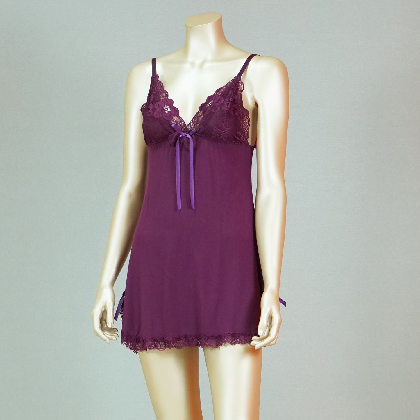 Lace Front Bow Sexy Nightdress with Short Sleeve Belted Robe