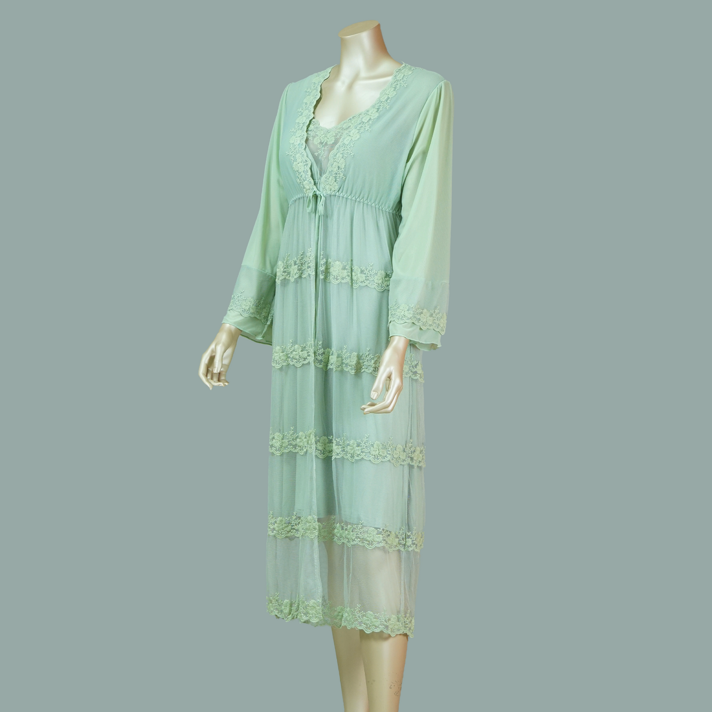 Front Lace Cami Nightdress with Mesh Belted Robe
