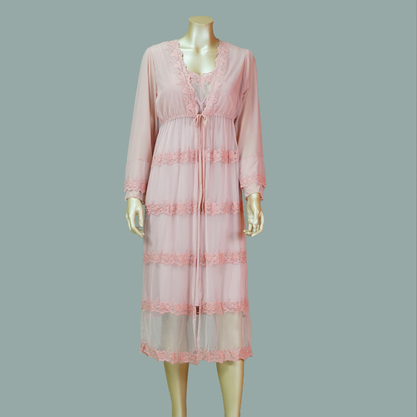 Front Lace Cami Nightdress with Mesh Belted Robe