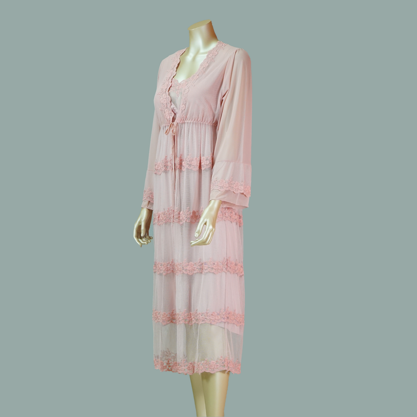 Front Lace Cami Nightdress with Mesh Belted Robe